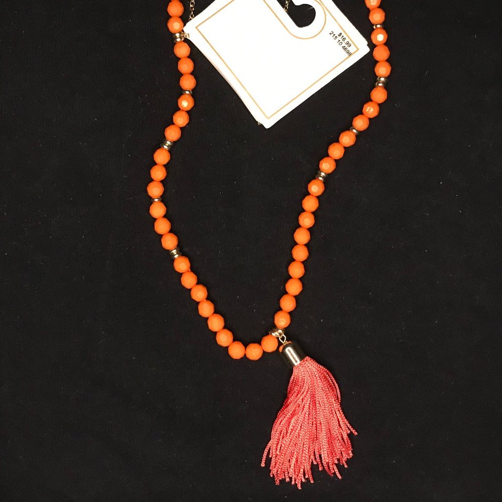 Long Orange beaded Necklace w/Tassle